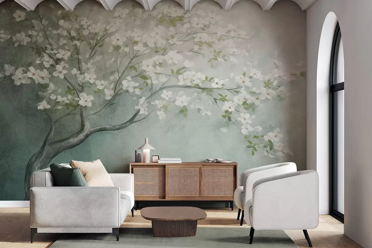 murales de pared Un árbol en flor con flores blancas en plena floración, sobre un fondo granulado de textura ruidosa de azules y verdes apagados w09261