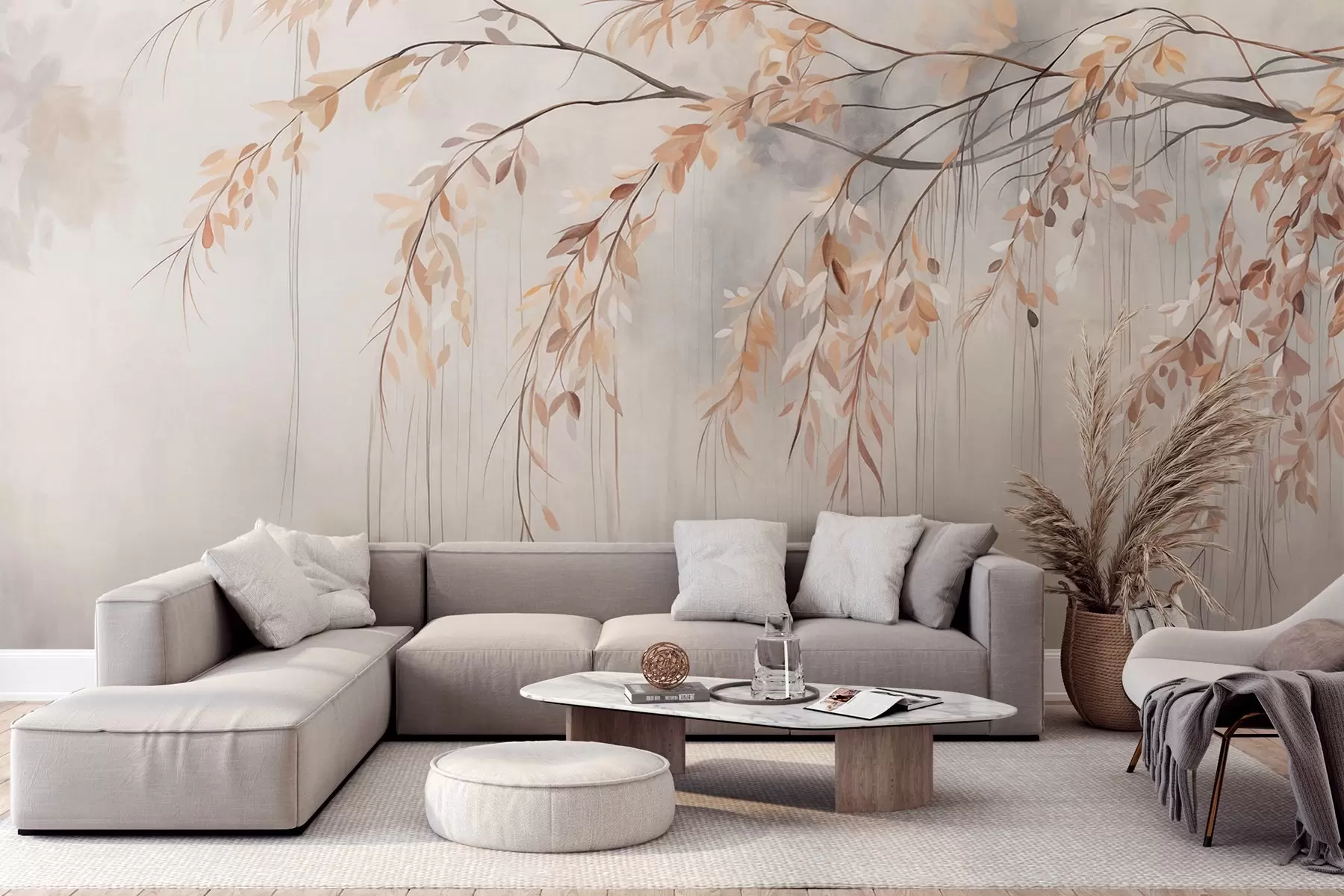 murales de pared Una rama con hojas de color naranja claro colgando, fondo gris claro con textura borrosa, estilo suave y delicado w09265