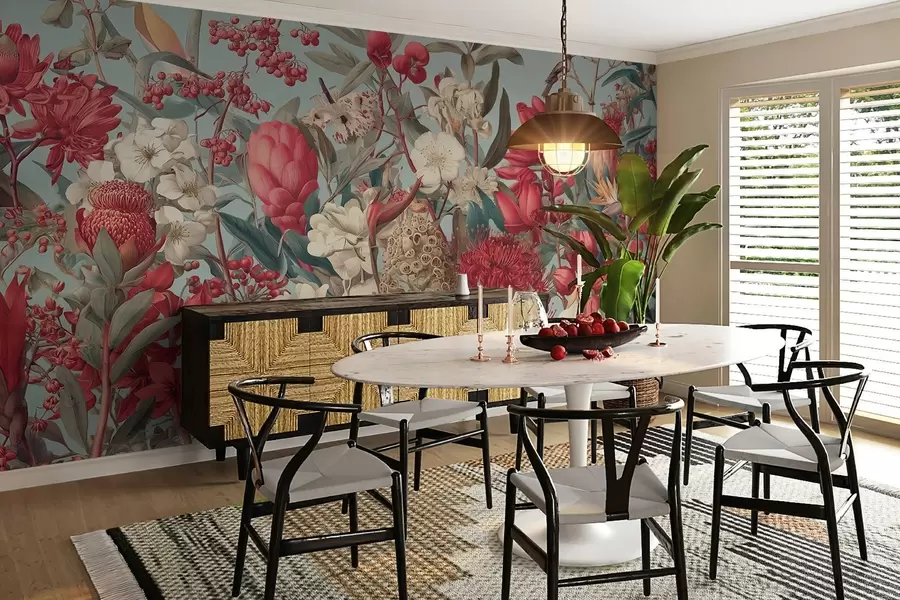 murales de pared flores tropicales con textura sobre fondo azul w04209