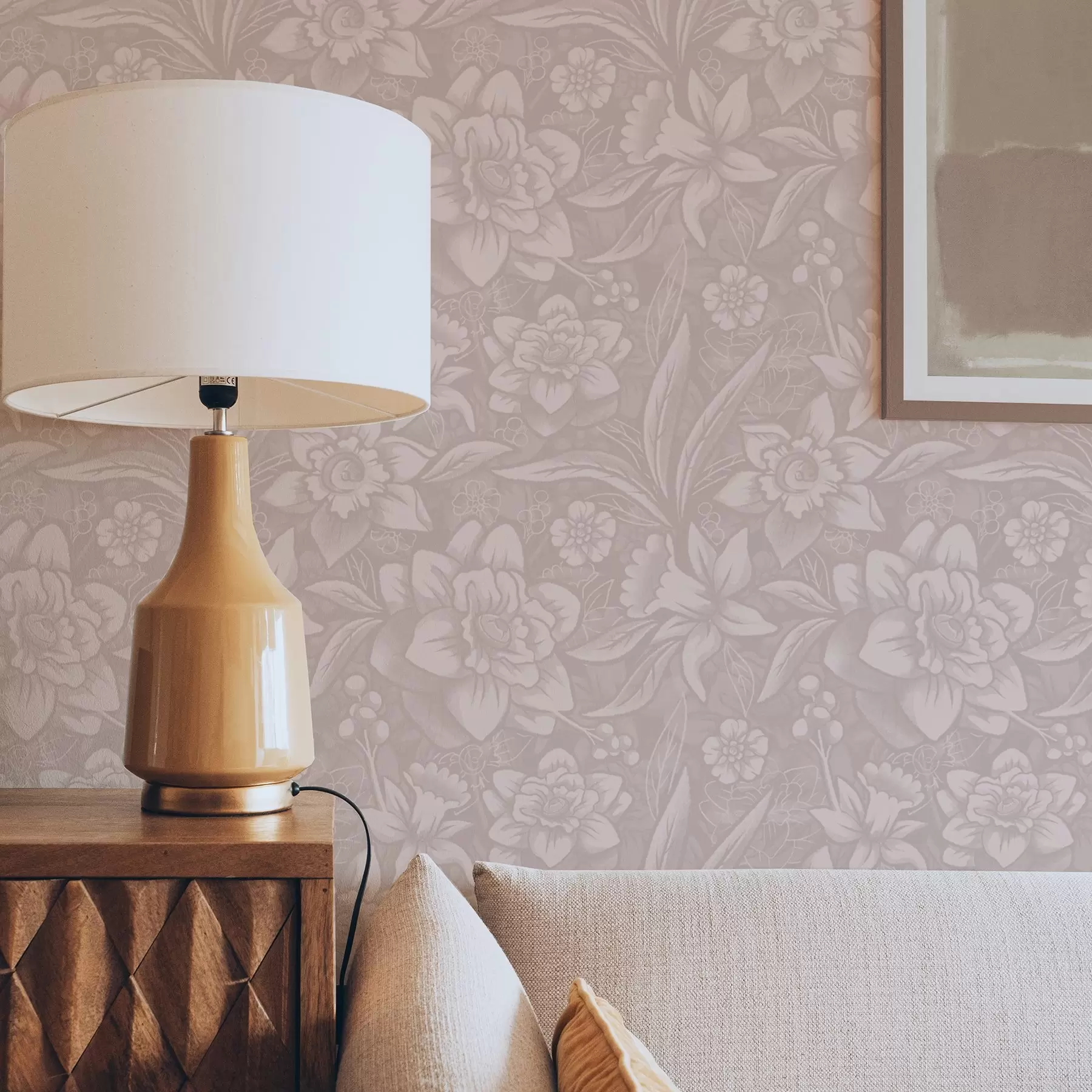 murales de pared Diseño floral monocromo con narcisos sobre fondo crema a00294