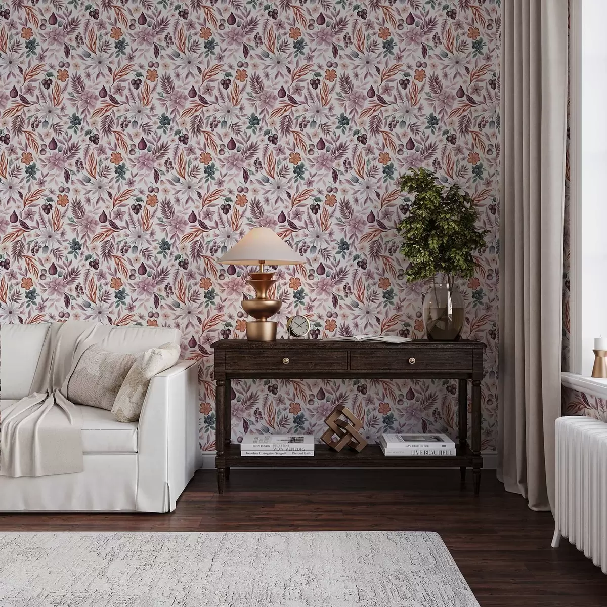 Papel pintado Bayas, flores y hojas brillantes en estilo acuarela a00298