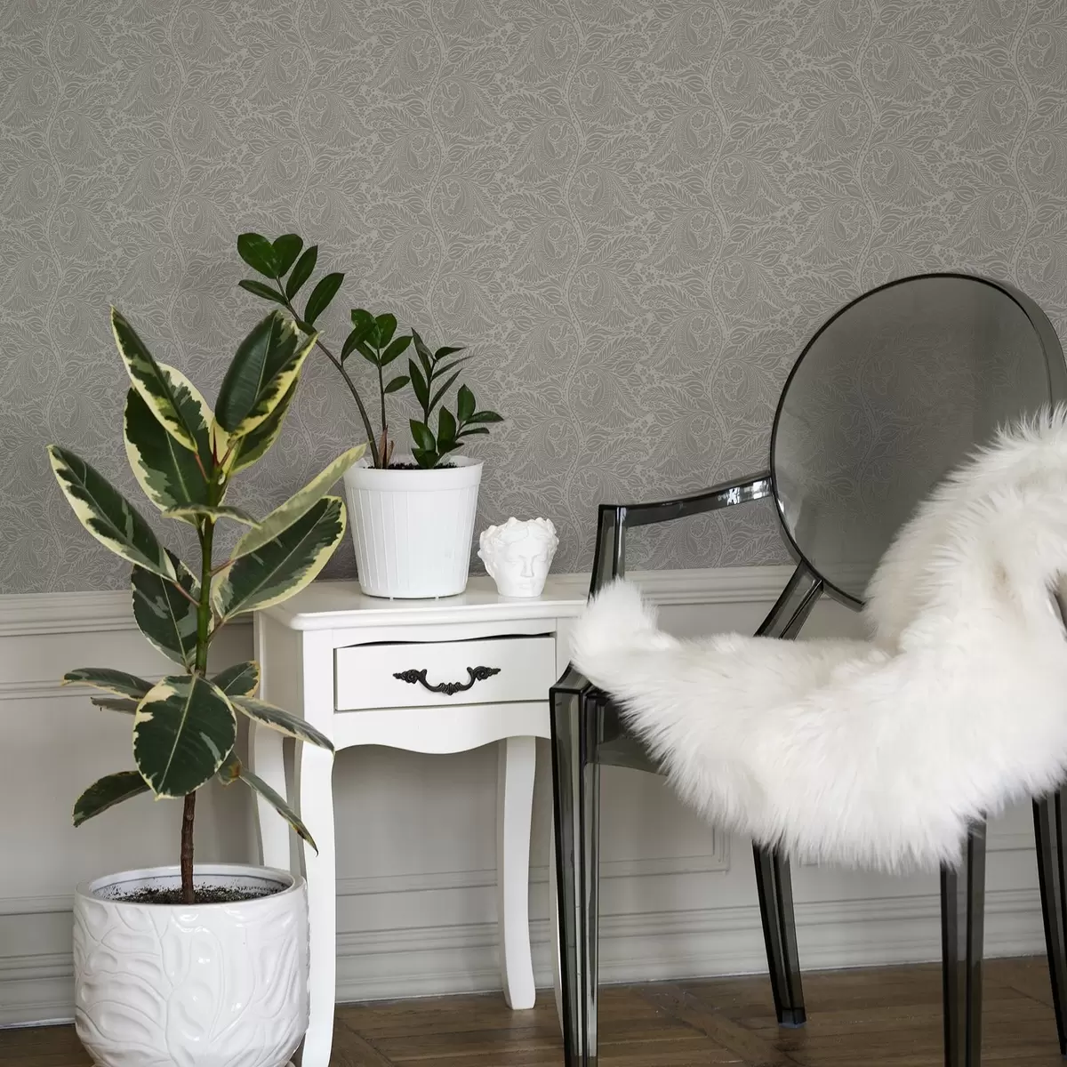 Papel pintado Estilización folclórica gris con hojas y flores a00301