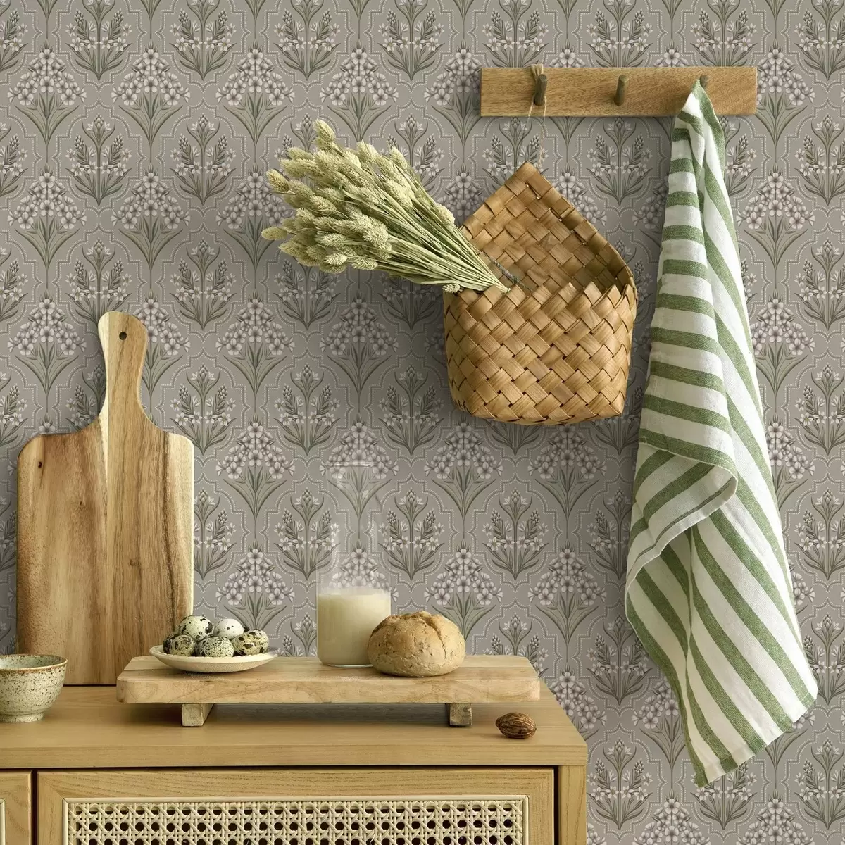 Papel pintado Motivo simétrico de flores blancas sobre fondo gris a00302