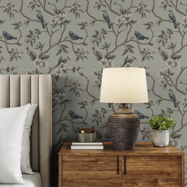 Fotomurale Papel pintado Ramas con pájaros y flores blancas sobre un fondo delicado, Papel pintado Flores y Plantas, a00303 : uwalls.com.pe