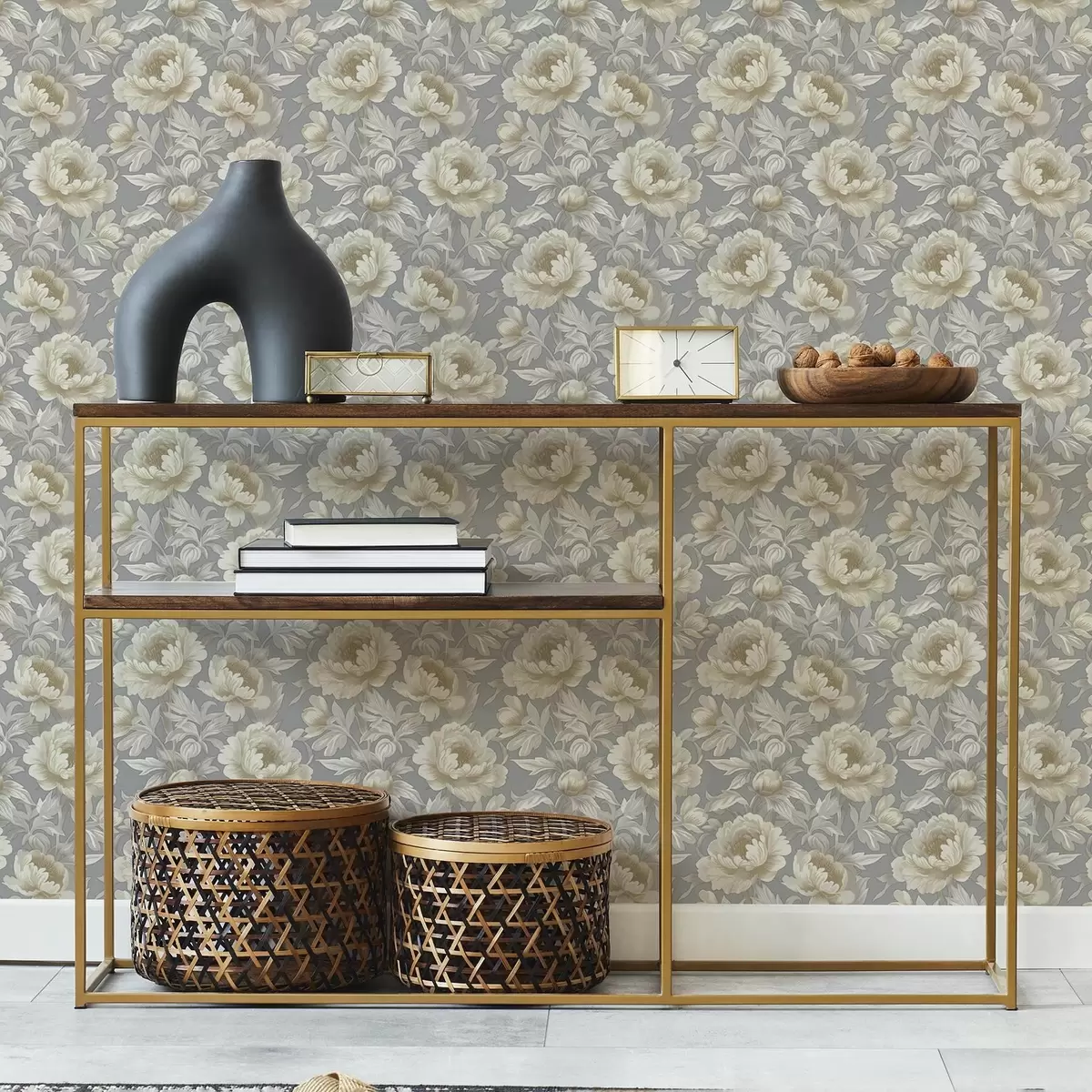 Papel pintado Exuberantes peonías y hojas sobre fondo gris a00403