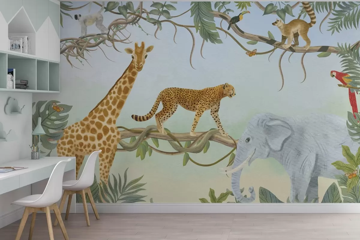 murales de pared Ilustración de jungla con jirafa, guepardo y elefante w04194