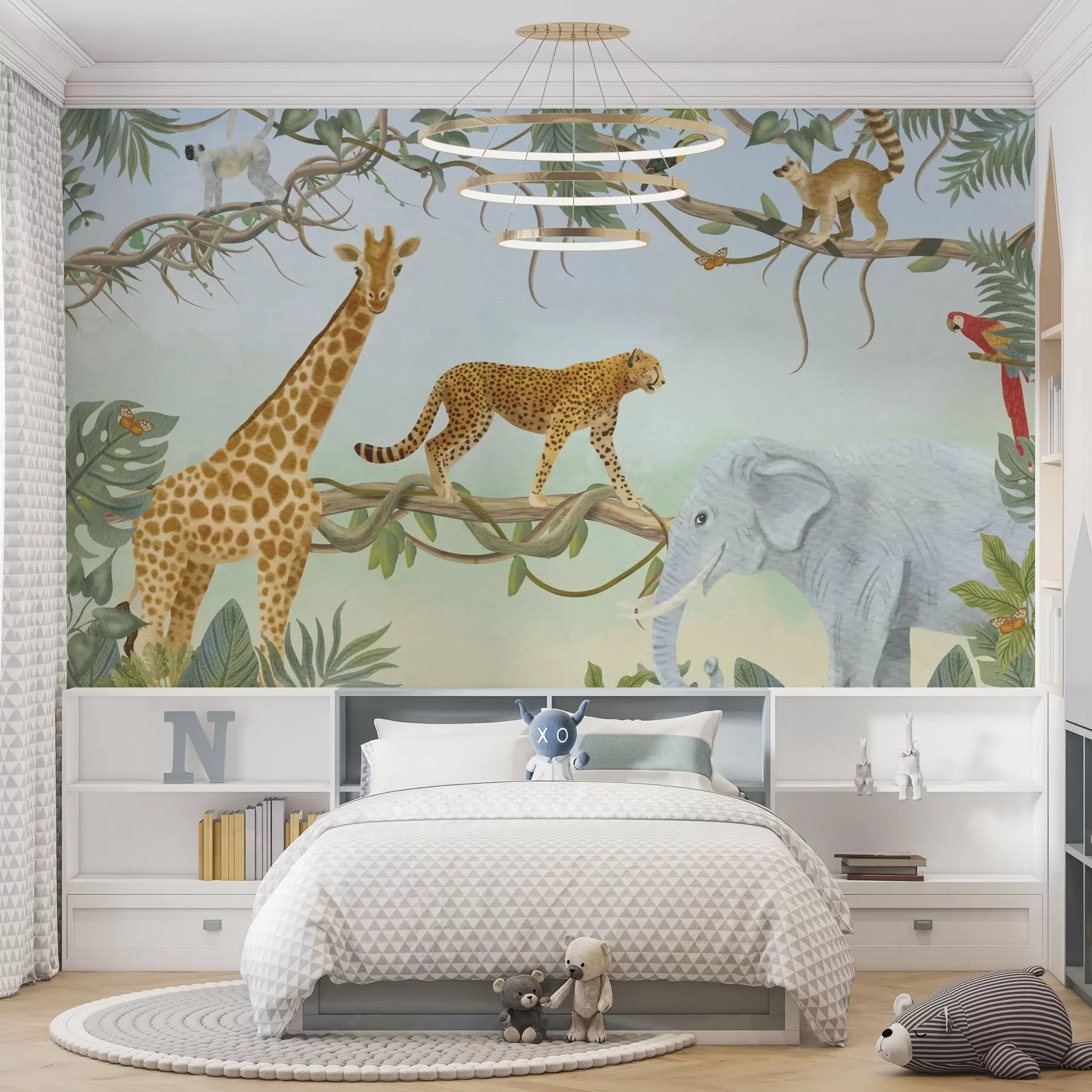 murales de pared Ilustración de jungla con jirafa, guepardo y elefante w04194