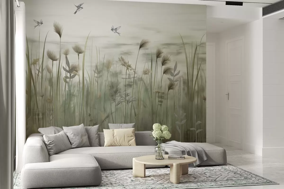 murales de pared Versión ligera de paisaje de hierba con golondrinas w04258