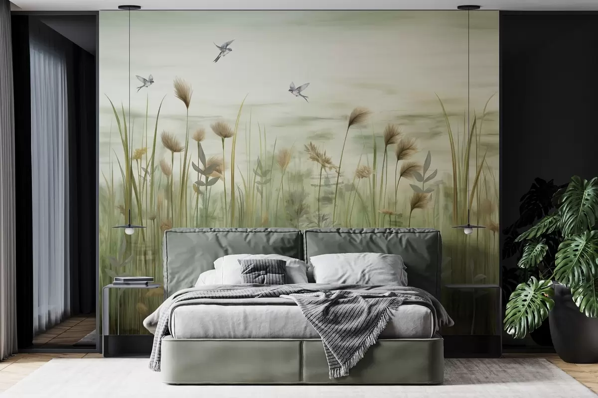 murales de pared Paisaje de hierba con golondrinas en un cielo suave w04258v1