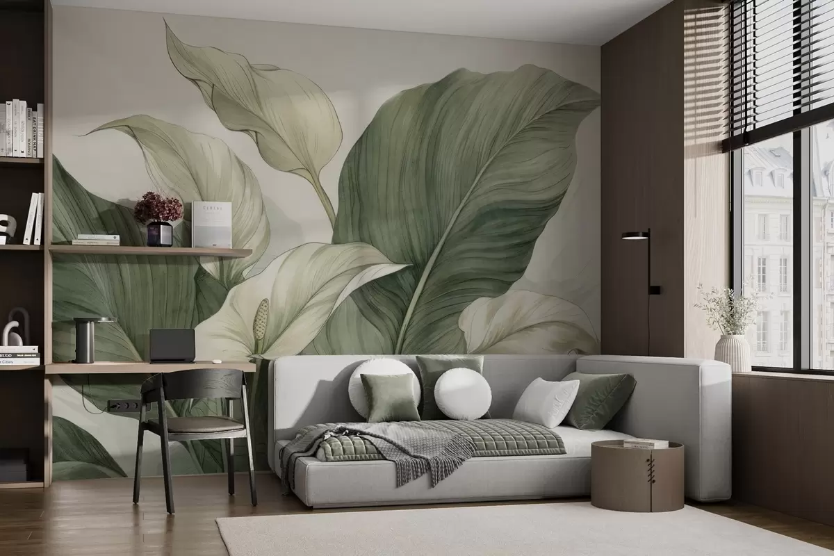 murales de pared Primer plano de spathiphyllum en flor con hojas grandes w04263