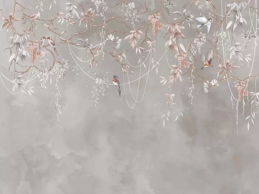 murales de pared Ramas con uvas y pájaros sobre fondo gris rosado cálido w04302