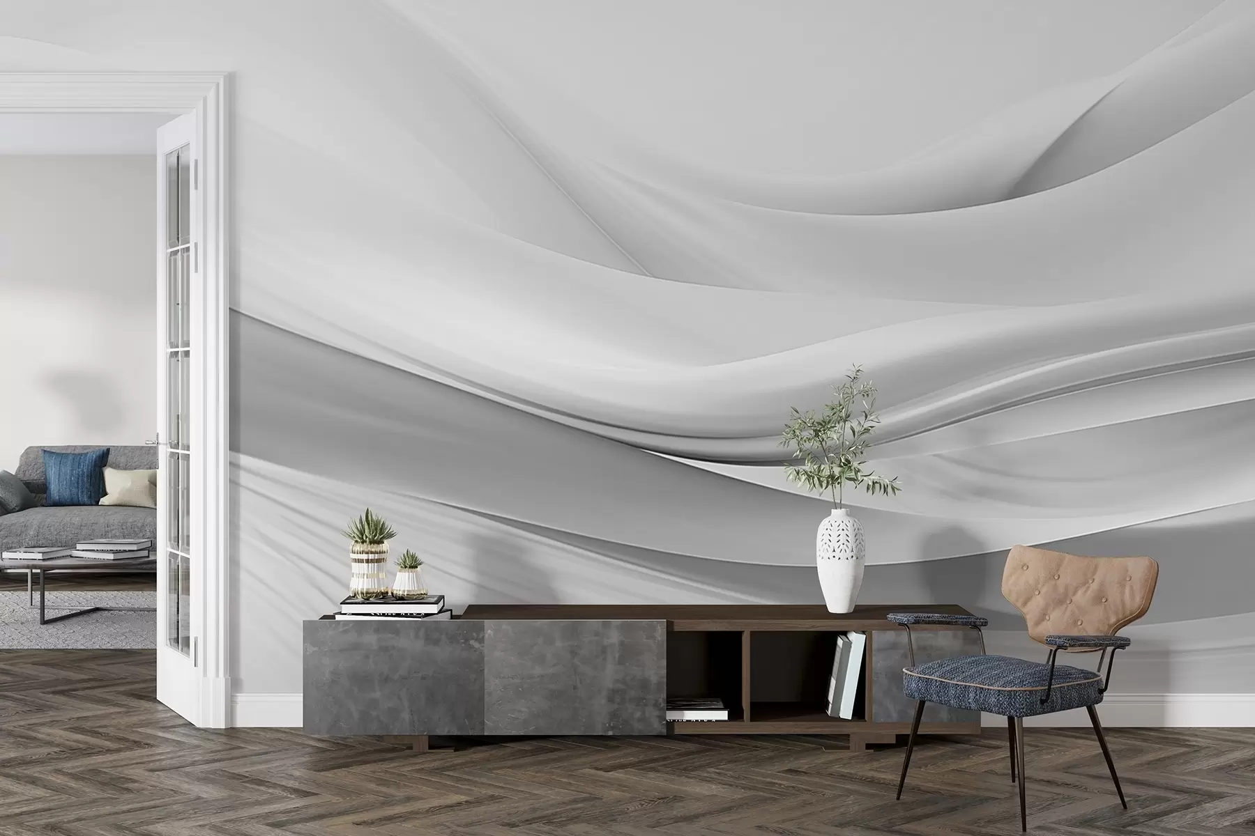 murales de pared Ondas de tela gris en estilo abstracto minimalista w09279v1