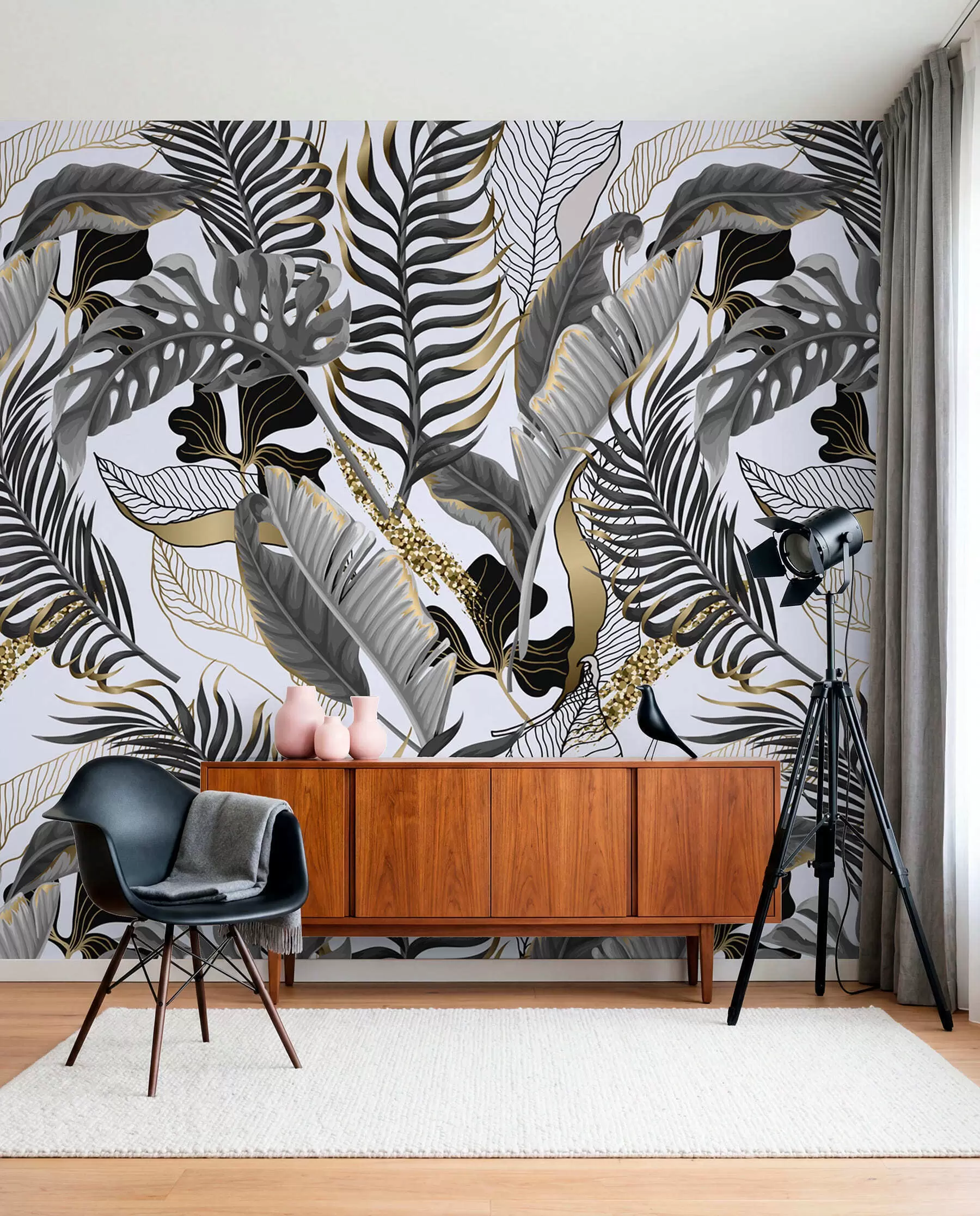 murales de pared Hojas tropicales grises sobre fondo blanco u71888