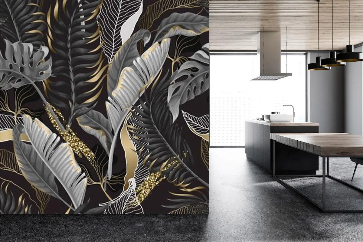 murales de pared Follaje tropical sobre un fondo negro u71889