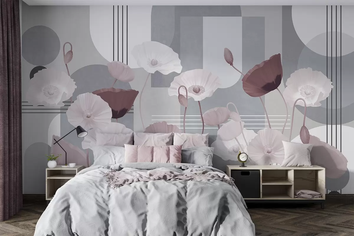 murales de pared Amapolas en colores blanco y gris con formas geométricas en el fondo, círculos y arcos, estilo minimalista, colores suaves w09289v1