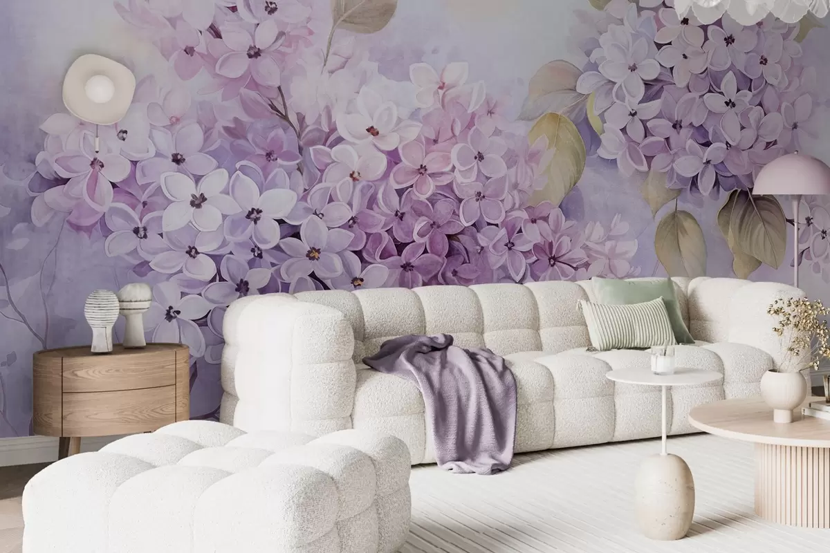 murales de pared Flores de textura lila con pétalos púrpura claro, hojas verde claro, estilo acuarela, colores suaves y pastel, pinceladas delicadas w09291