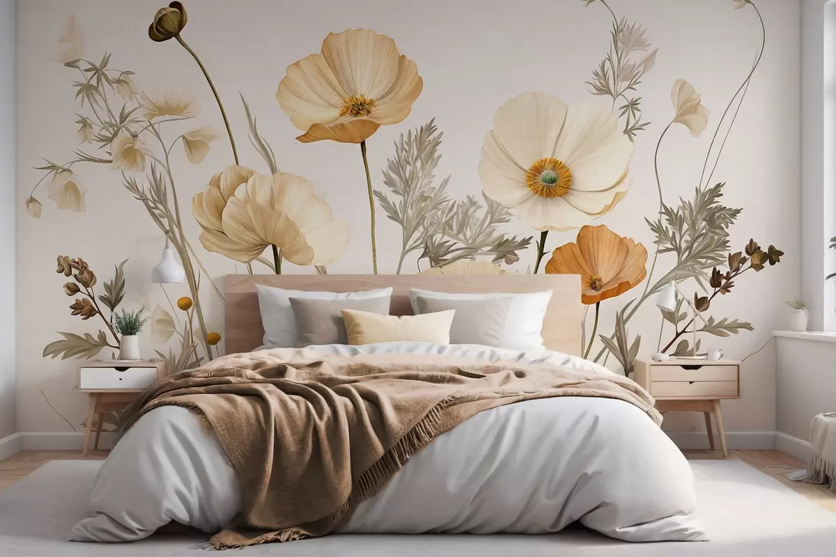 murales de pared Amapolas naranjas y blancas de textura vintage con tallos y hojas finas, fondo beige claro, estilo acuarela w09293