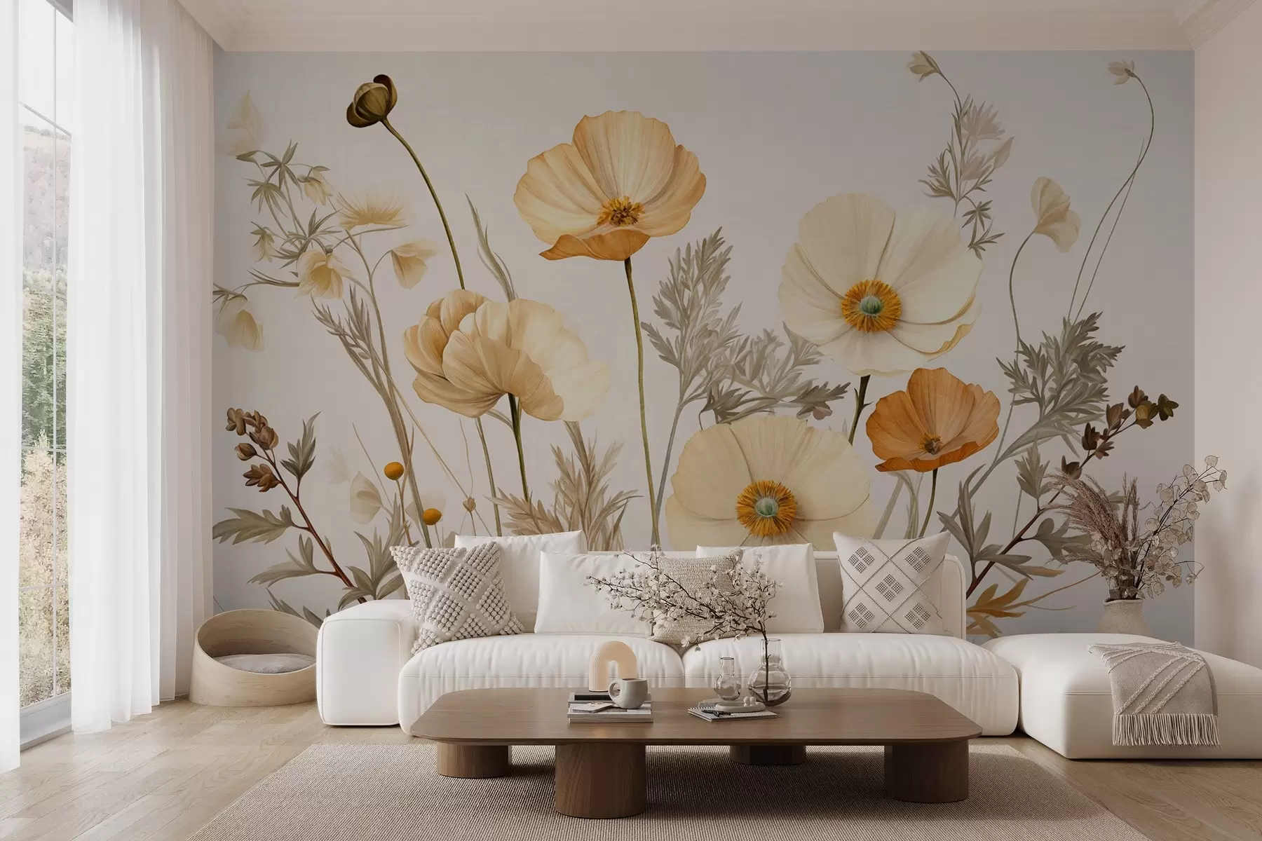 murales de pared Amapolas naranjas y blancas de textura vintage con tallos y hojas finas, fondo beige claro, estilo acuarela w09293