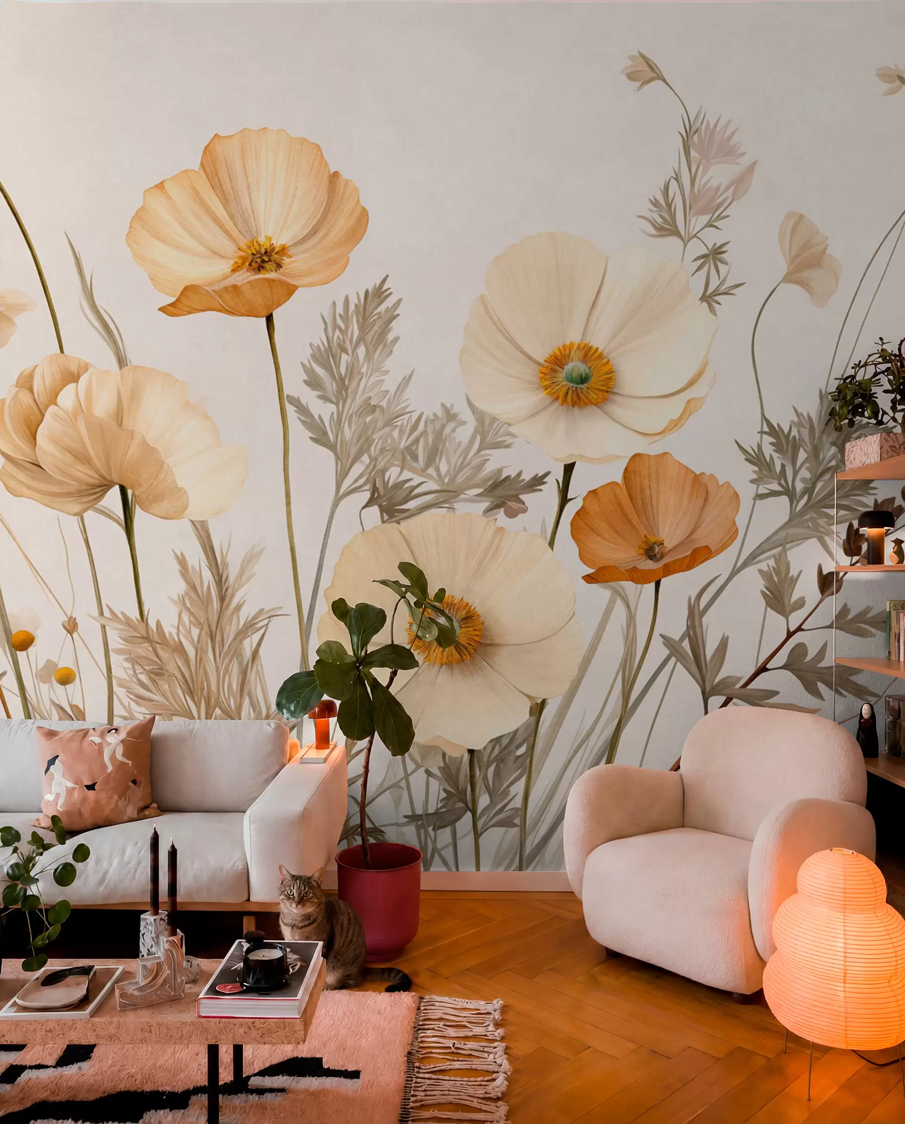 murales de pared Amapolas en ocre y marfil w09293