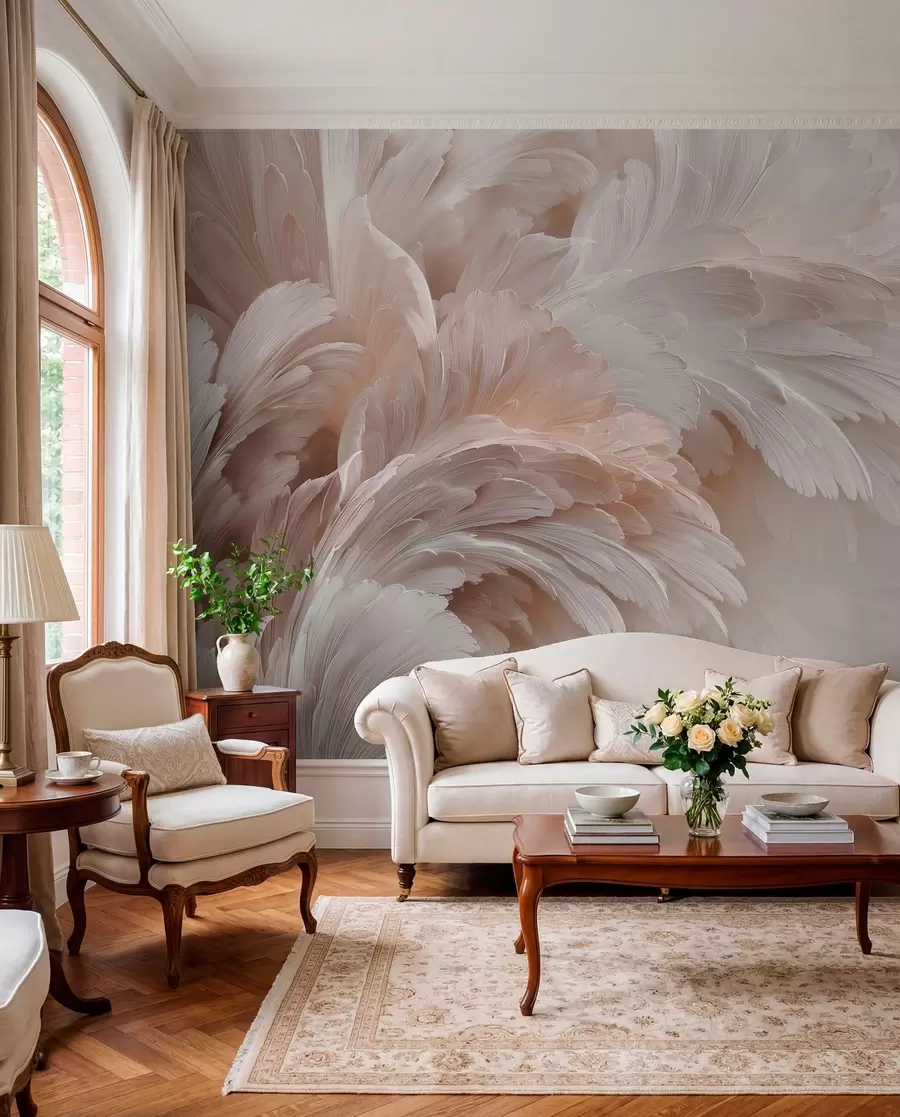 murales de pared Aireadas plumas y pétalos en tonos rosa crema w09301