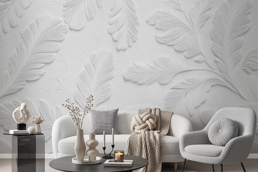 murales de pared Hojas en relieve de color gris con efecto de textura agrietada w09309v1