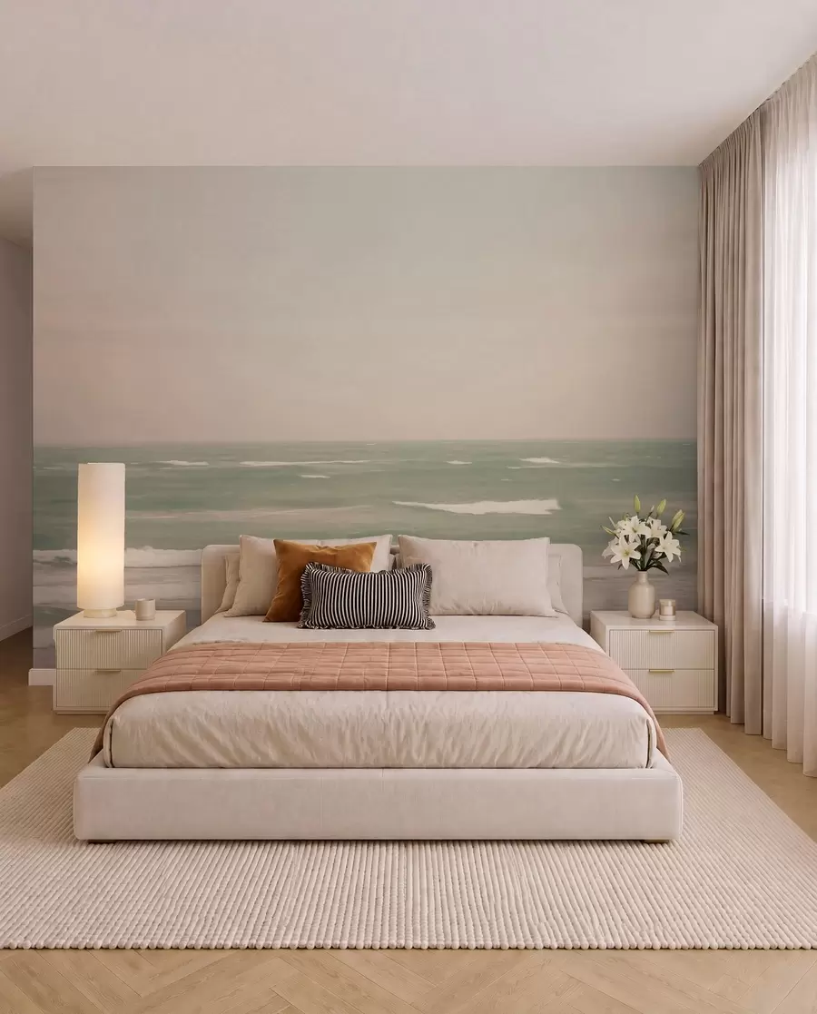 murales de pared Suave paisaje marino rosa verdoso con suaves olas w04348