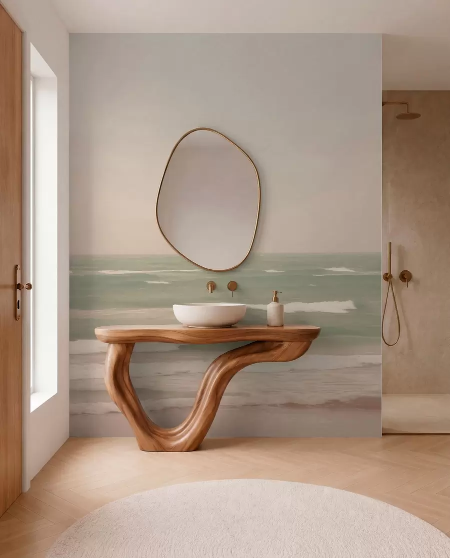 murales de pared Suave paisaje marino rosa verdoso con suaves olas w04348