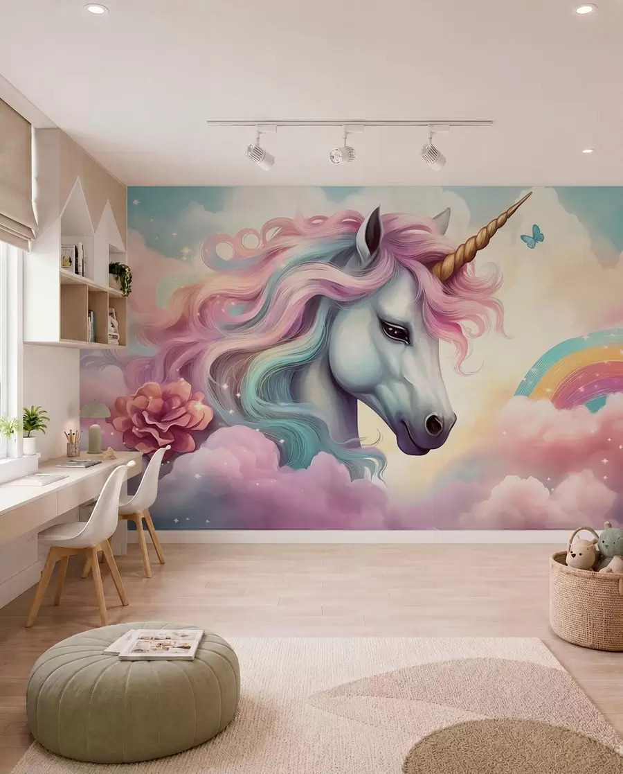 murales de pared Unicornio en un cielo nublado con arco iris w04372