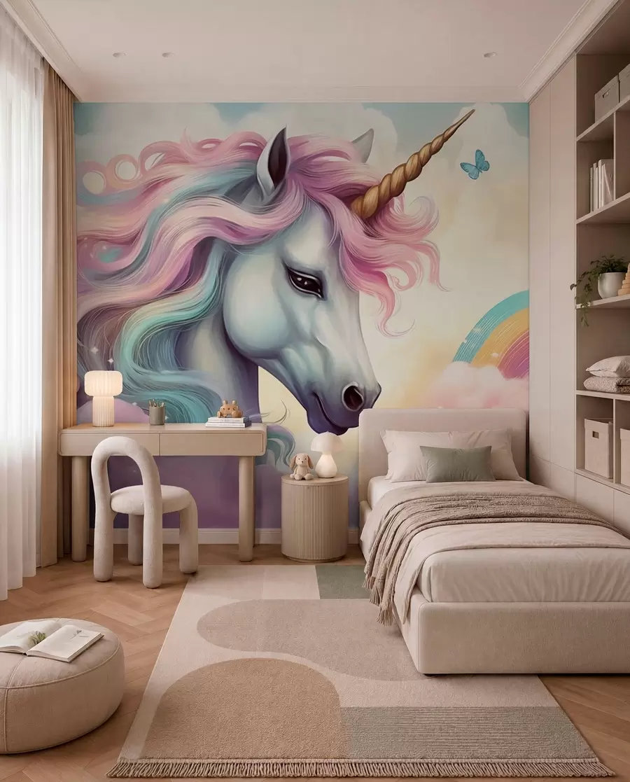 murales de pared Unicornio en un cielo nublado con arco iris w04372