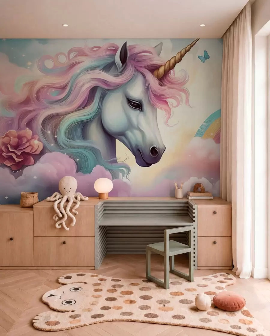 murales de pared Unicornio en un cielo nublado con arco iris w04372