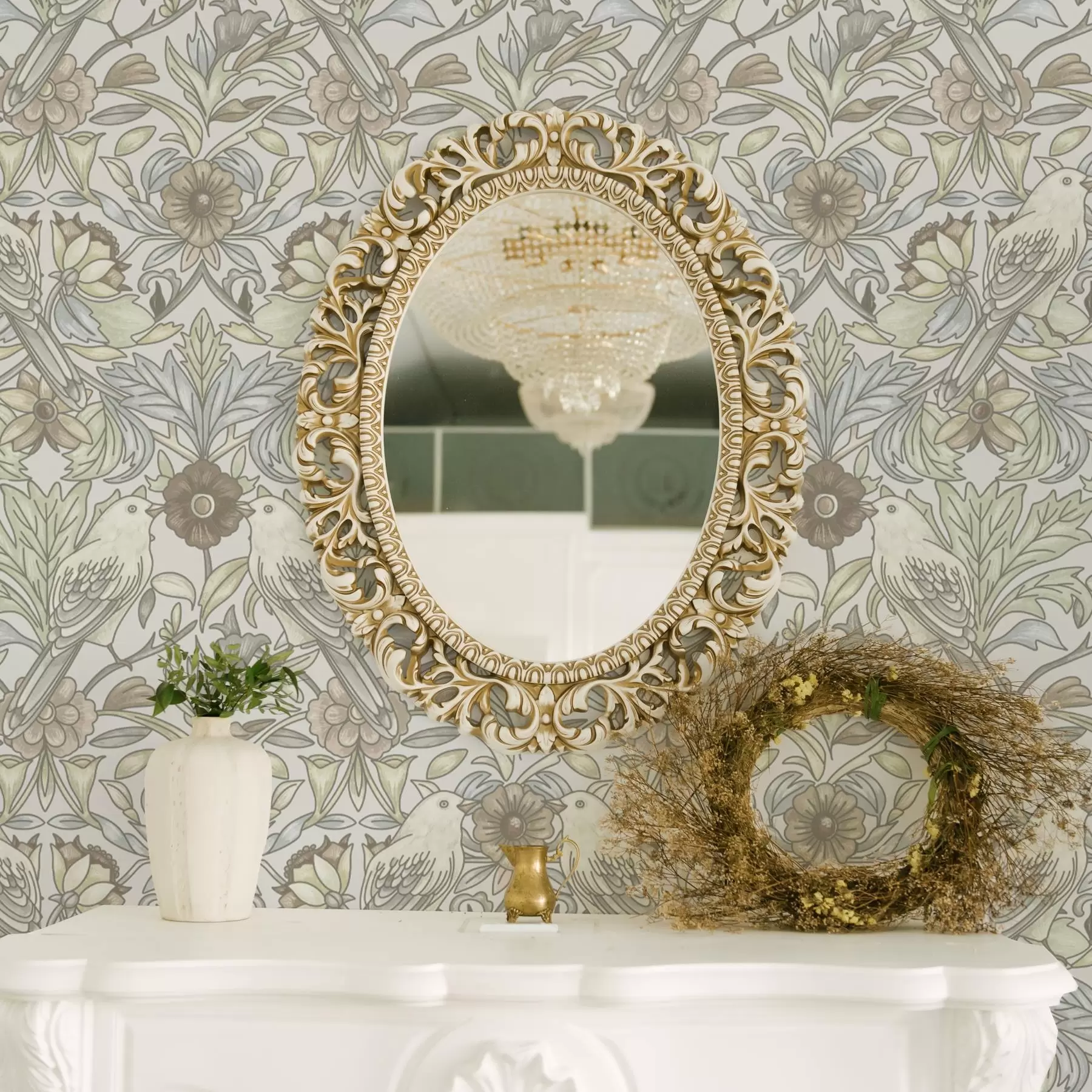 murales de pared Pájaros Art Nouveau y flores estilizadas en pastel a00385