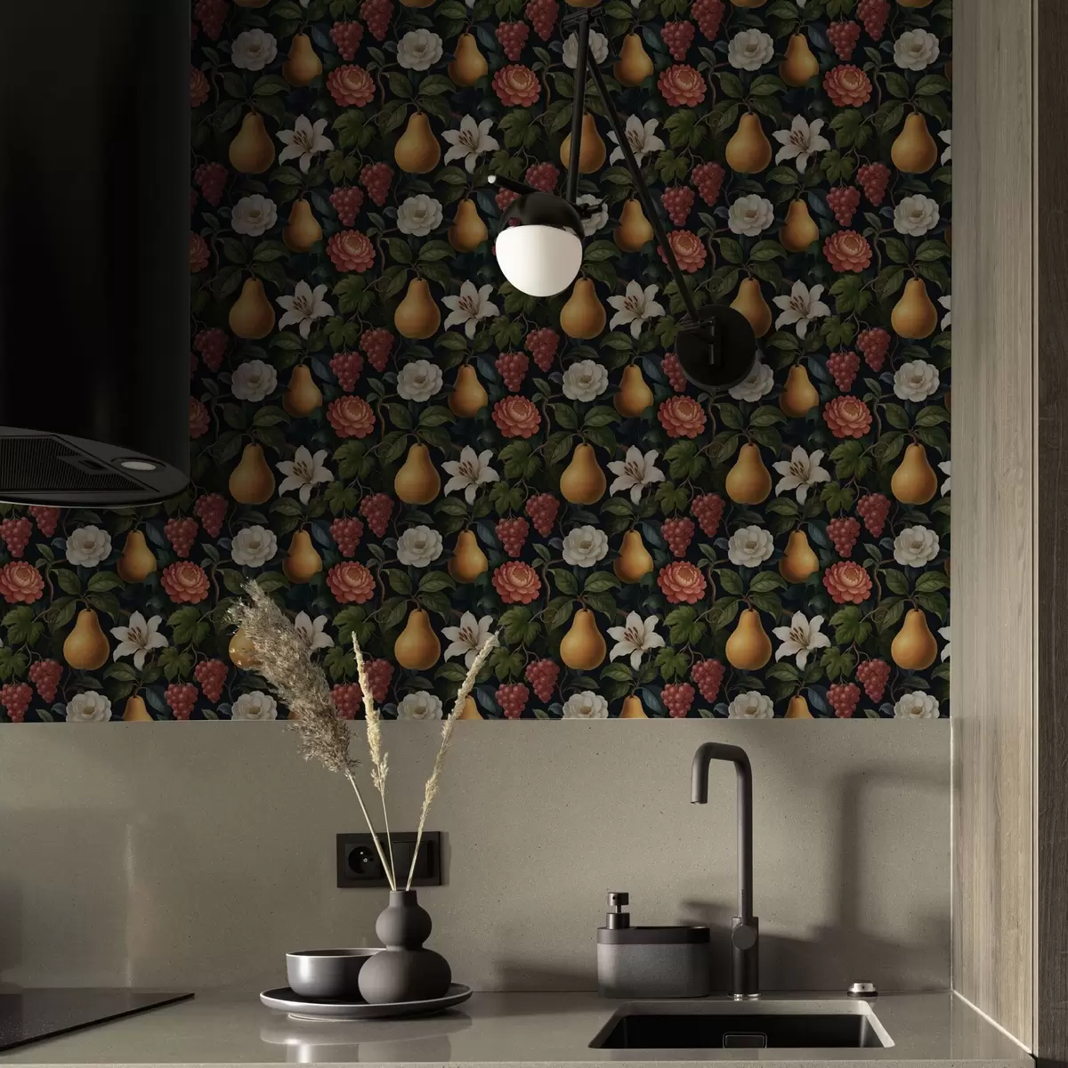 Papel pintado Frutas y flores barrocas sobre un dramático fondo oscuro a00387