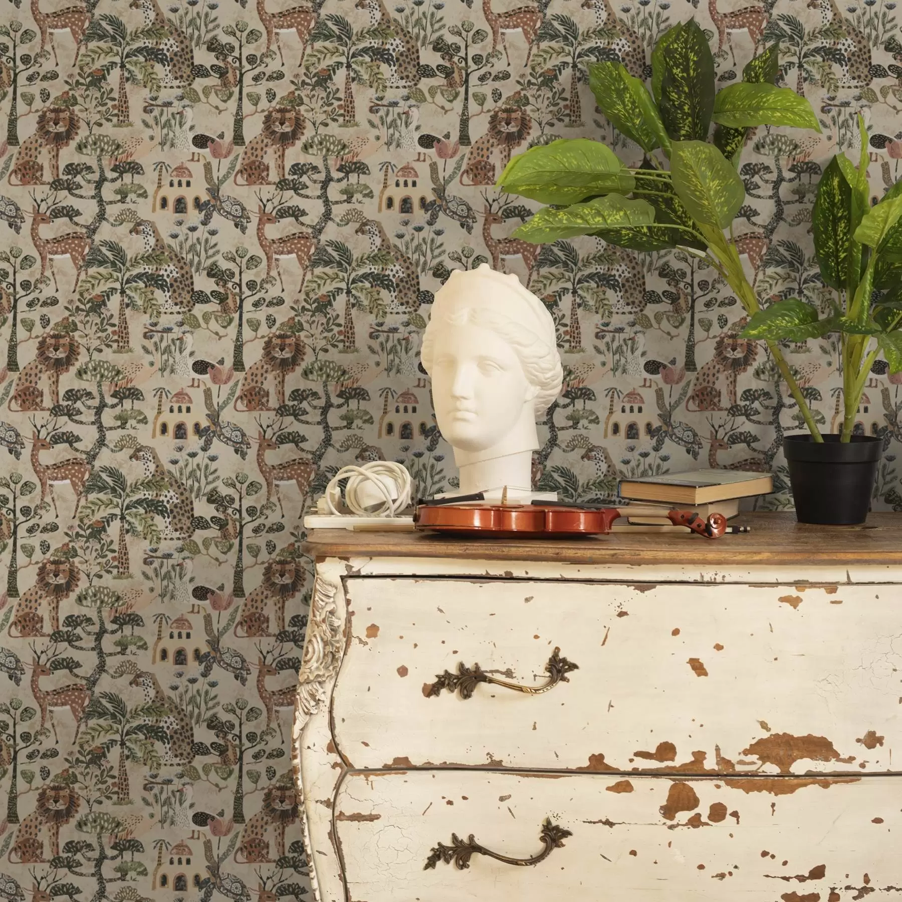 murales de pared Animales de safari y hojas de sabana en cálidos tonos terrosos a00392