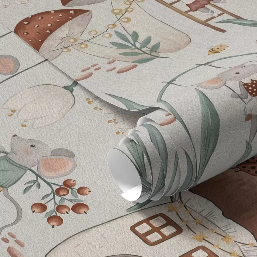 murales de pared Simpáticos ratones y setas sobre el fondo de un elegante paisaje forestal a00450