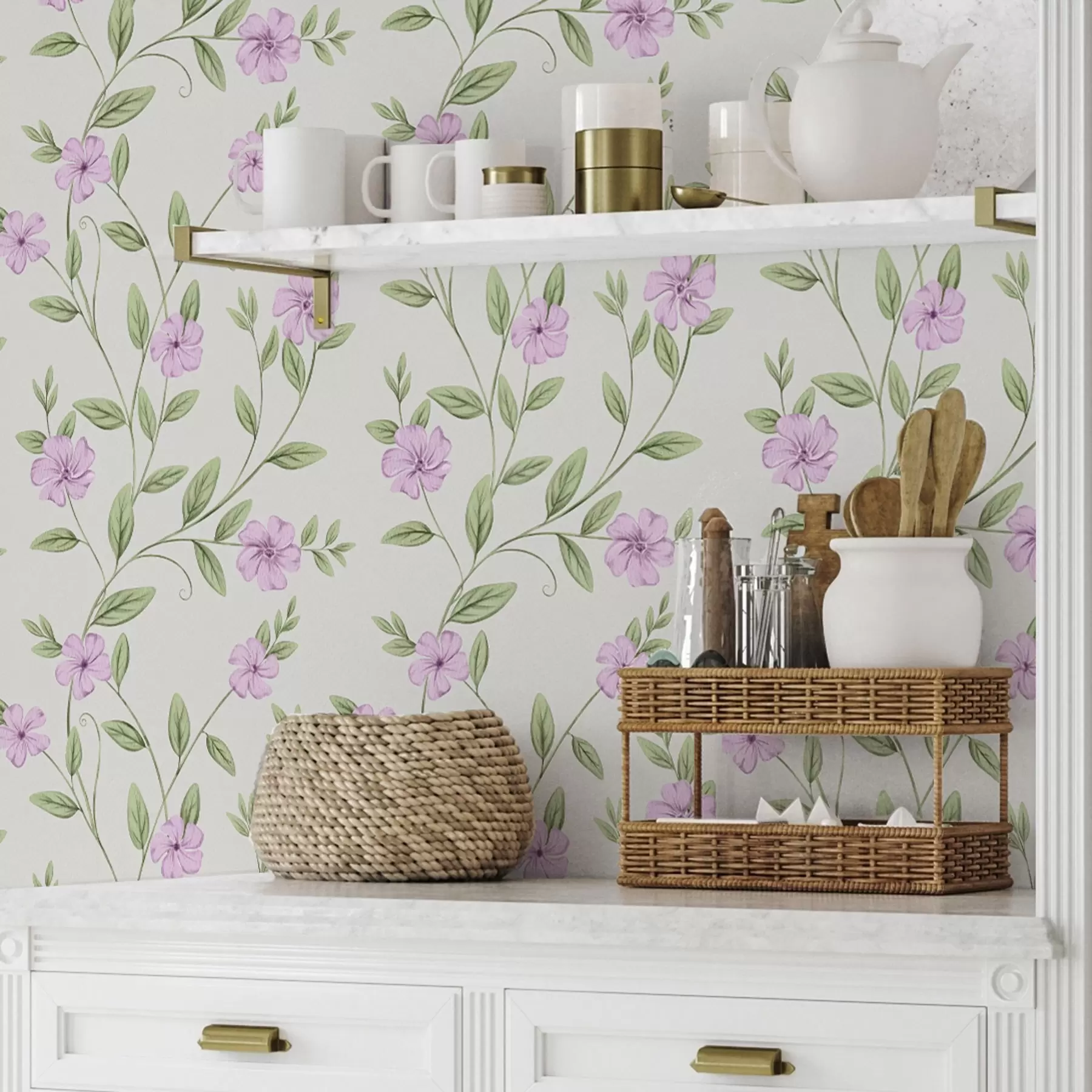 murales de pared Flores rosas con enredaderas verdes sobre fondo crema a00453