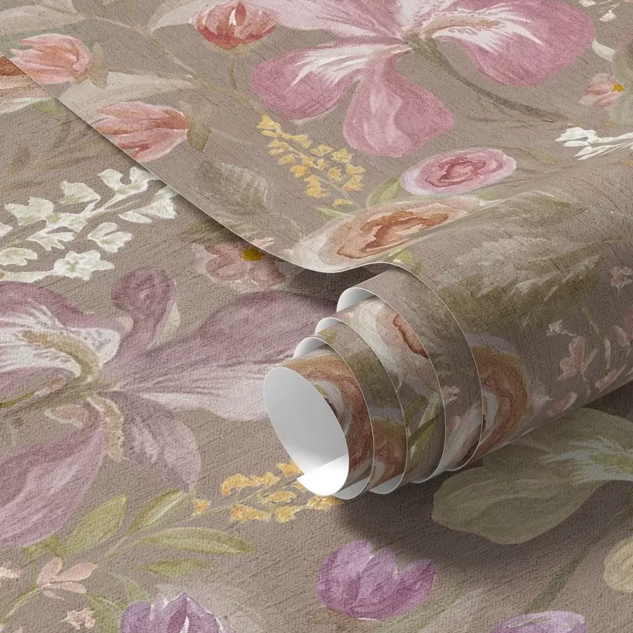 murales de pared Vintage rosa iris patrón de flores sobre fondo beige con textura a00457