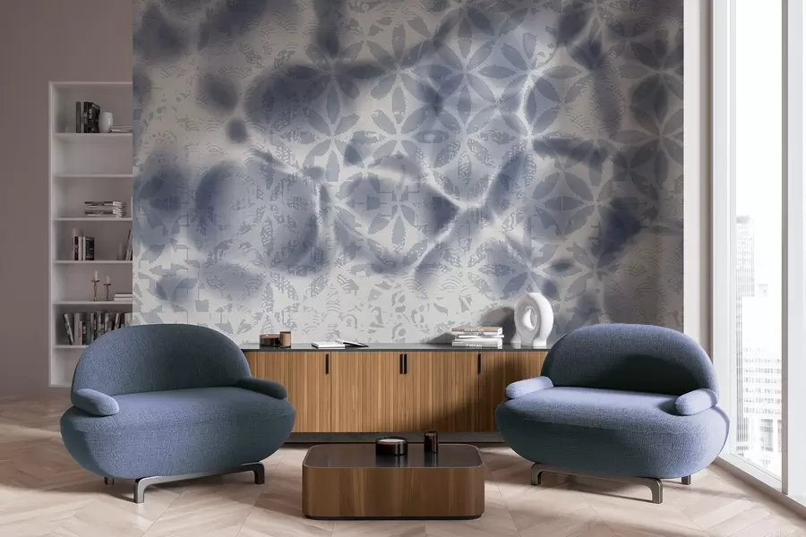 murales de pared Arte abstracto texturizado con estampado floral azul, efecto difuminado y borroso, que crea una atmósfera suave y soñadora w09322