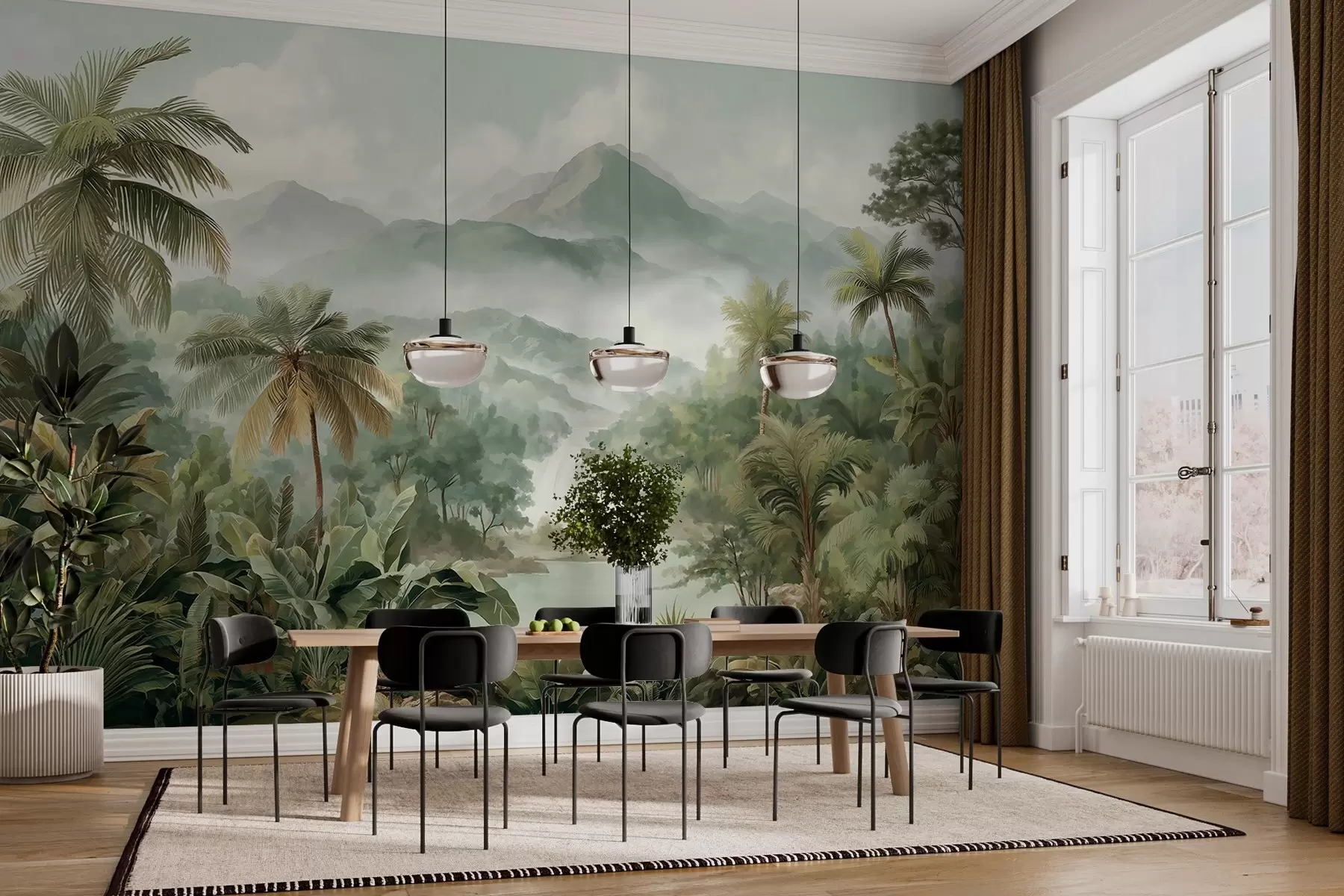 murales de pared selva tropical con cascada w04306