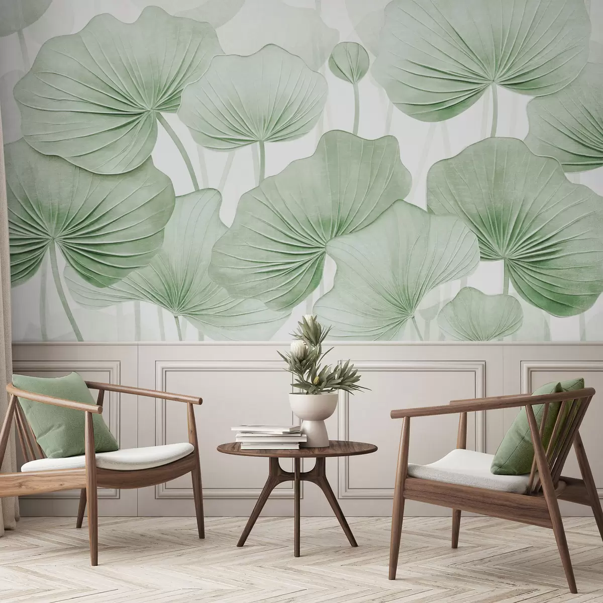 murales de pared Hojas de loto con imitación de textura envejecida w04412