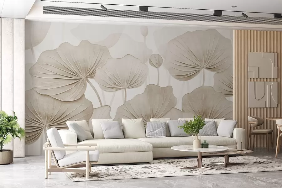 murales de pared Hojas de loto con imitación de textura envejecida w04412v1