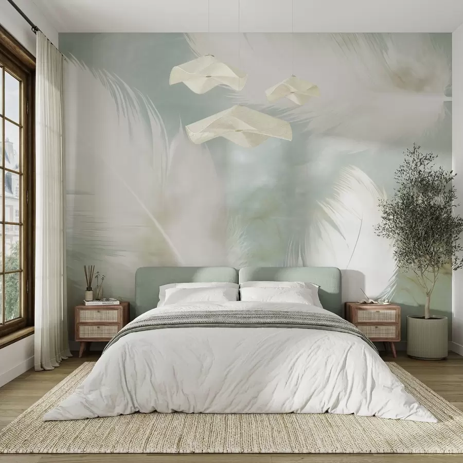 murales de pared Delicadas plumas blancas sobre un suave fondo menta w04399