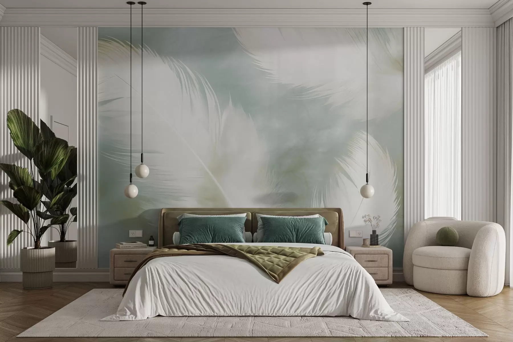 murales de pared Delicadas plumas blancas sobre un suave fondo menta w04399