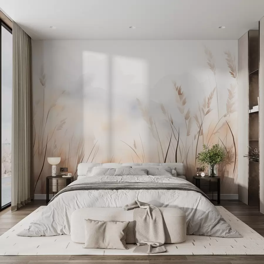 murales de pared Espigas en niebla en suaves tonos beige y marrón w09327
