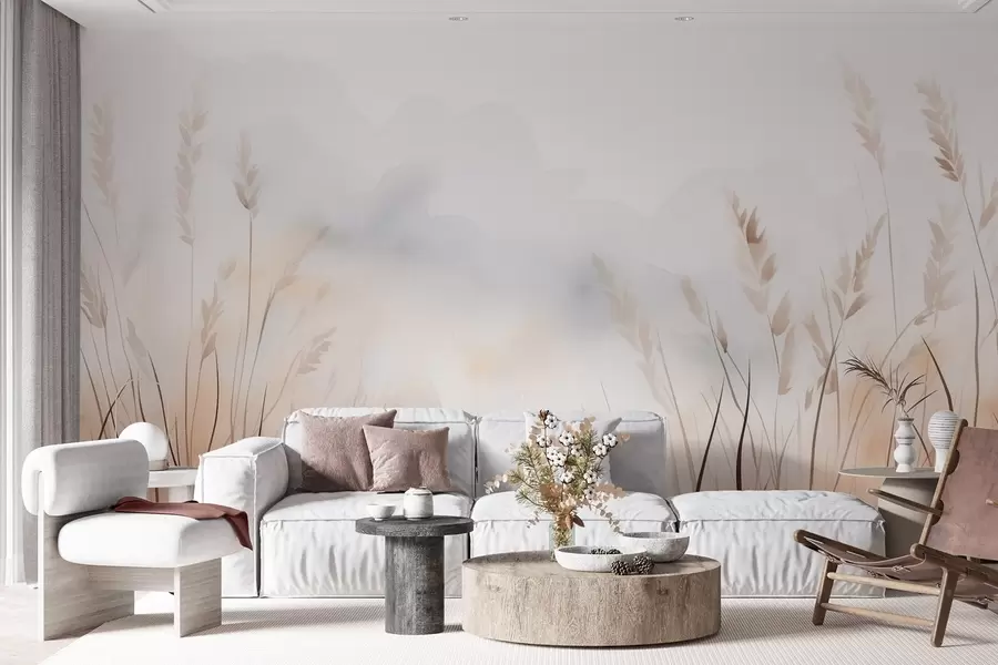murales de pared Espigas en niebla en suaves tonos beige y marrón w09327