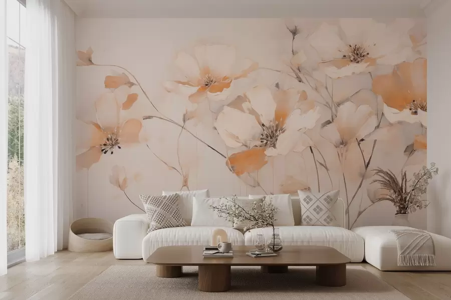 murales de pared Flores blancas y anaranjadas con largos tallos, fondo claro, colores suaves, composición elegante, pinceladas delicadas w09335