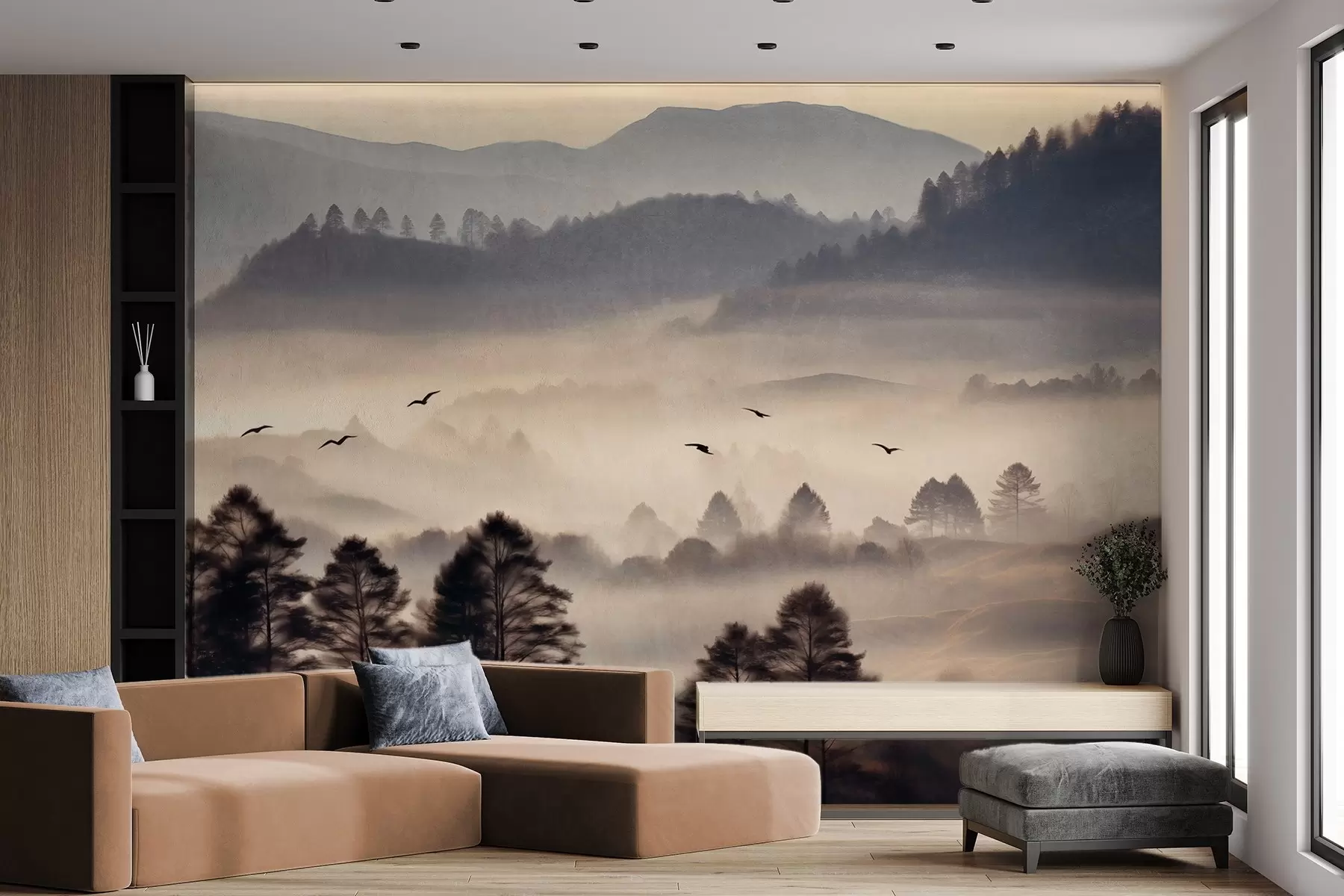 murales de pared Paisaje montañoso texturizado con capas de niebla, árboles silueteados en primer plano, cordillera distante, iluminación suave w09338