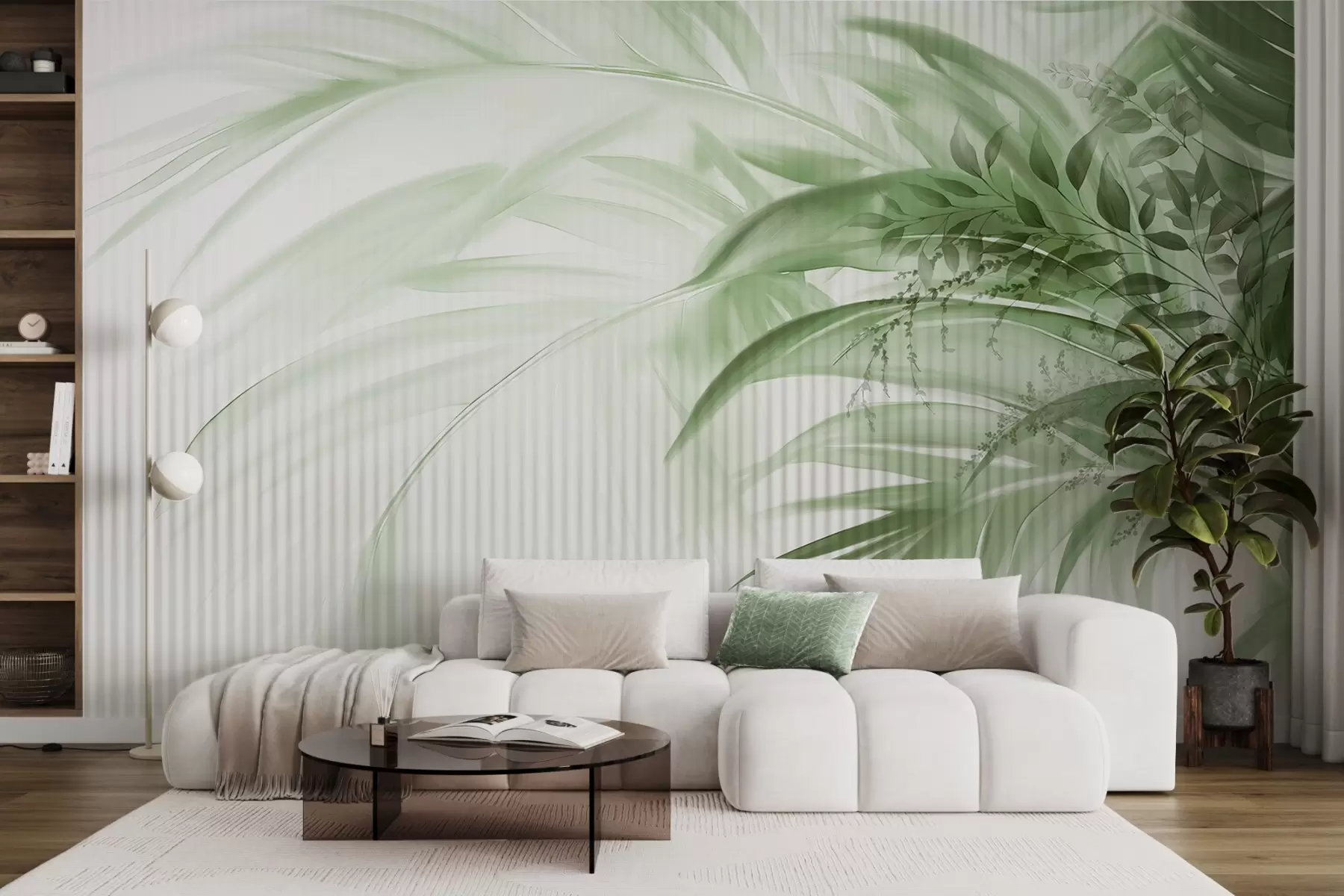 murales de pared Palmera tropical de hojas verdes con fondo blanco a rayas, iluminación suave, pinceladas delicadas, formas orgánicas w09343