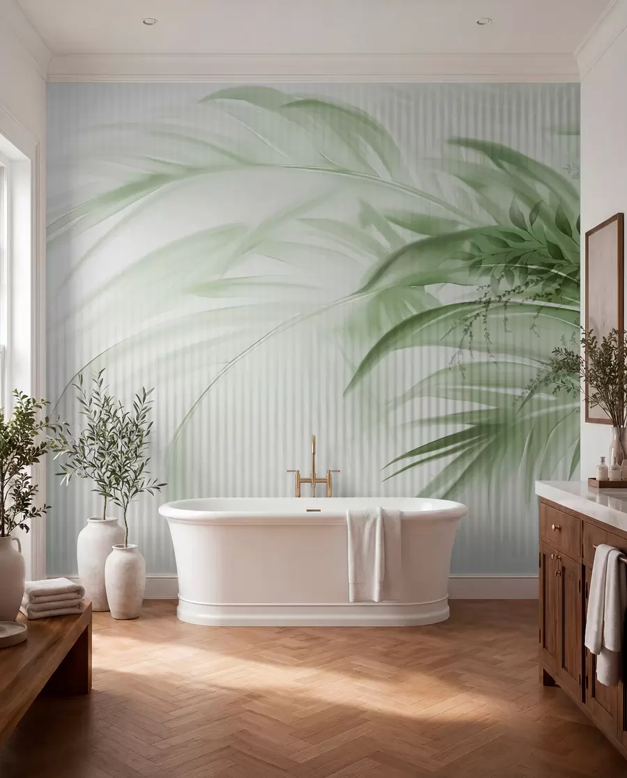 murales de pared Palmera tropical de hojas verdes con fondo blanco a rayas, iluminación suave, pinceladas delicadas, formas orgánicas w09343