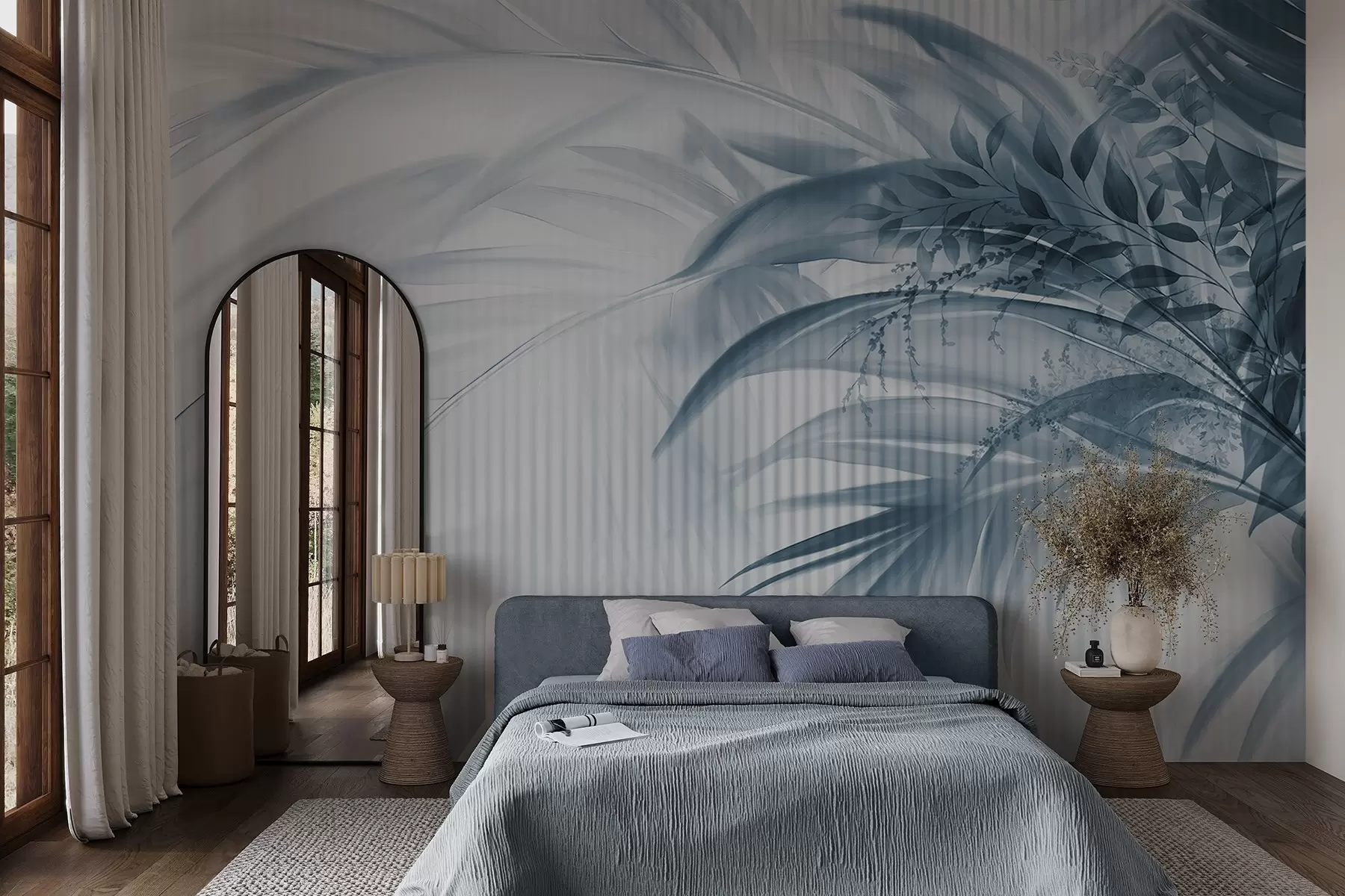 murales de pared Palmera tropical de hojas azules con fondo blanco a rayas, iluminación suave, pinceladas delicadas, formas orgánicas w09343v1