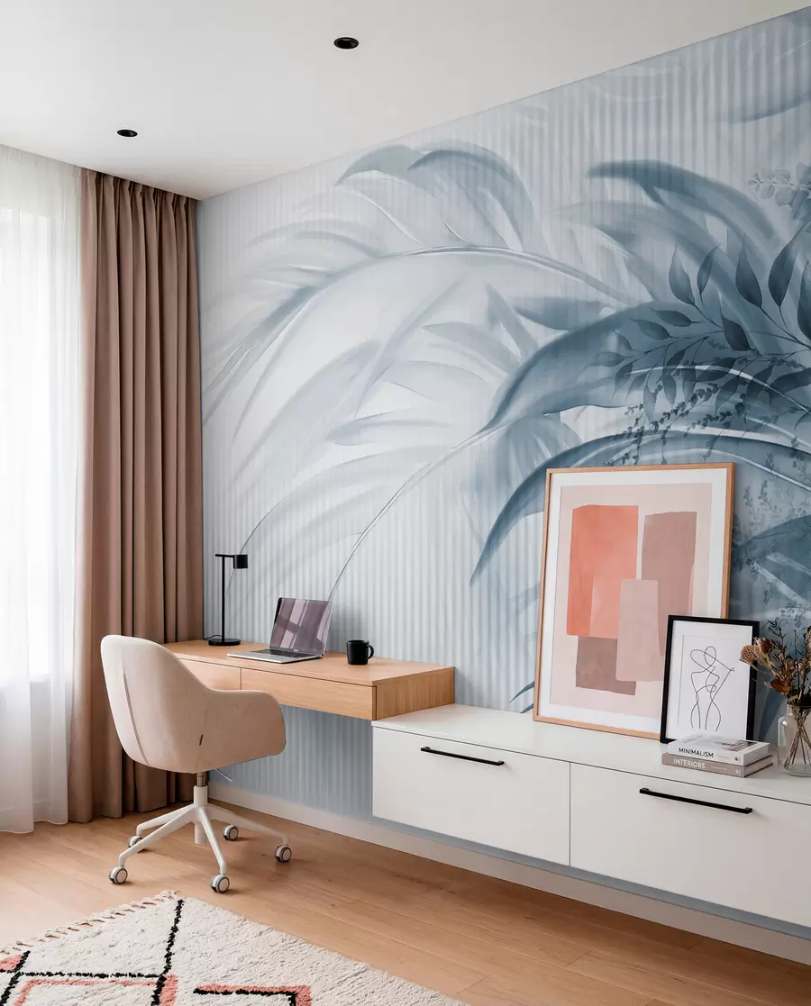murales de pared Palmera tropical de hojas azules con fondo blanco a rayas, iluminación suave, pinceladas delicadas, formas orgánicas w09343v1